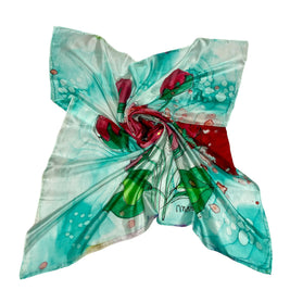 Magis Art Shop silk scarf in green with hand-painted red floral pattern, 90x90 cm square accessory