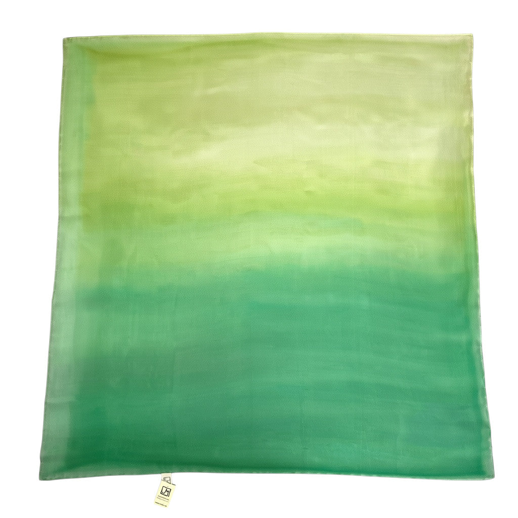 Magis Art Shop hand-painted green silk scarf by Jana Melichová with a soft gradient design, 90x90 cm square.