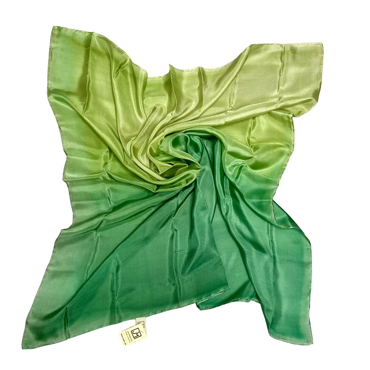 Magis Art Shop hand-painted green silk scarf with an elegant ombre gradient design, 50x50 cm square.