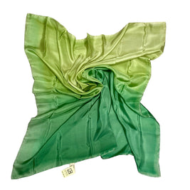 Magis Art Shop hand-painted green silk scarf with an elegant ombre gradient design, 50x50 cm square.
