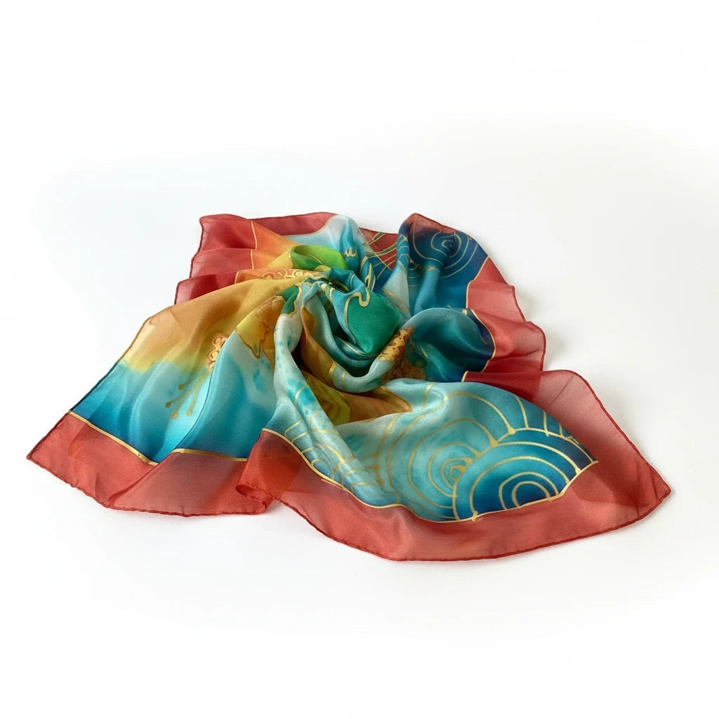 Magis Art Shop hand-painted silk scarf with abstract blue, yellow, and red swirls and gold accents