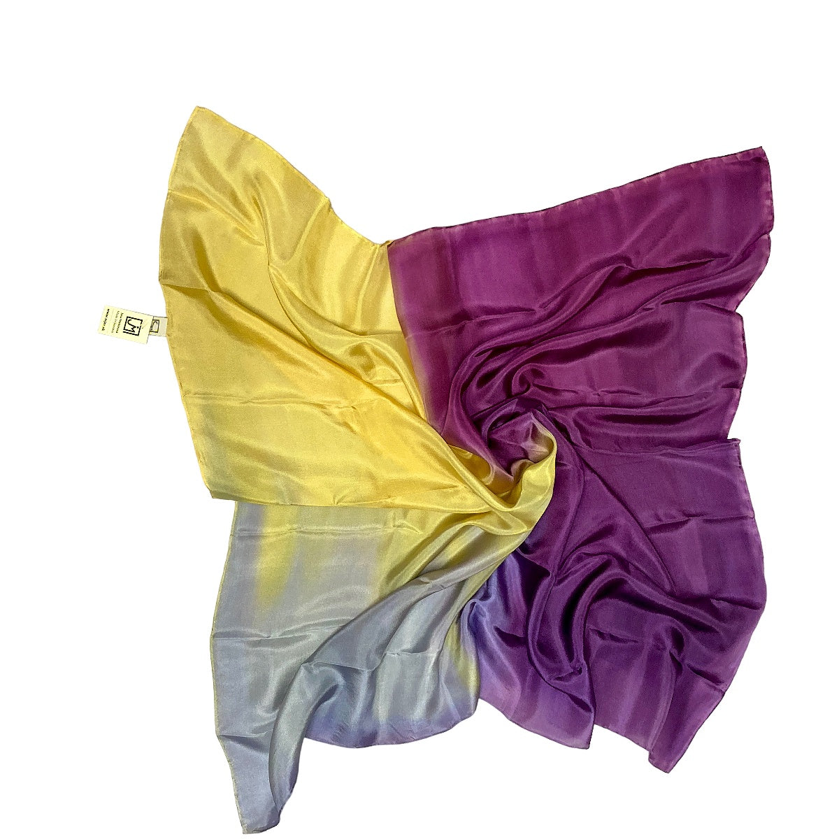Magis Art Shop hand-painted silk scarf in purple, yellow, and grey with a square 90x90 cm design.