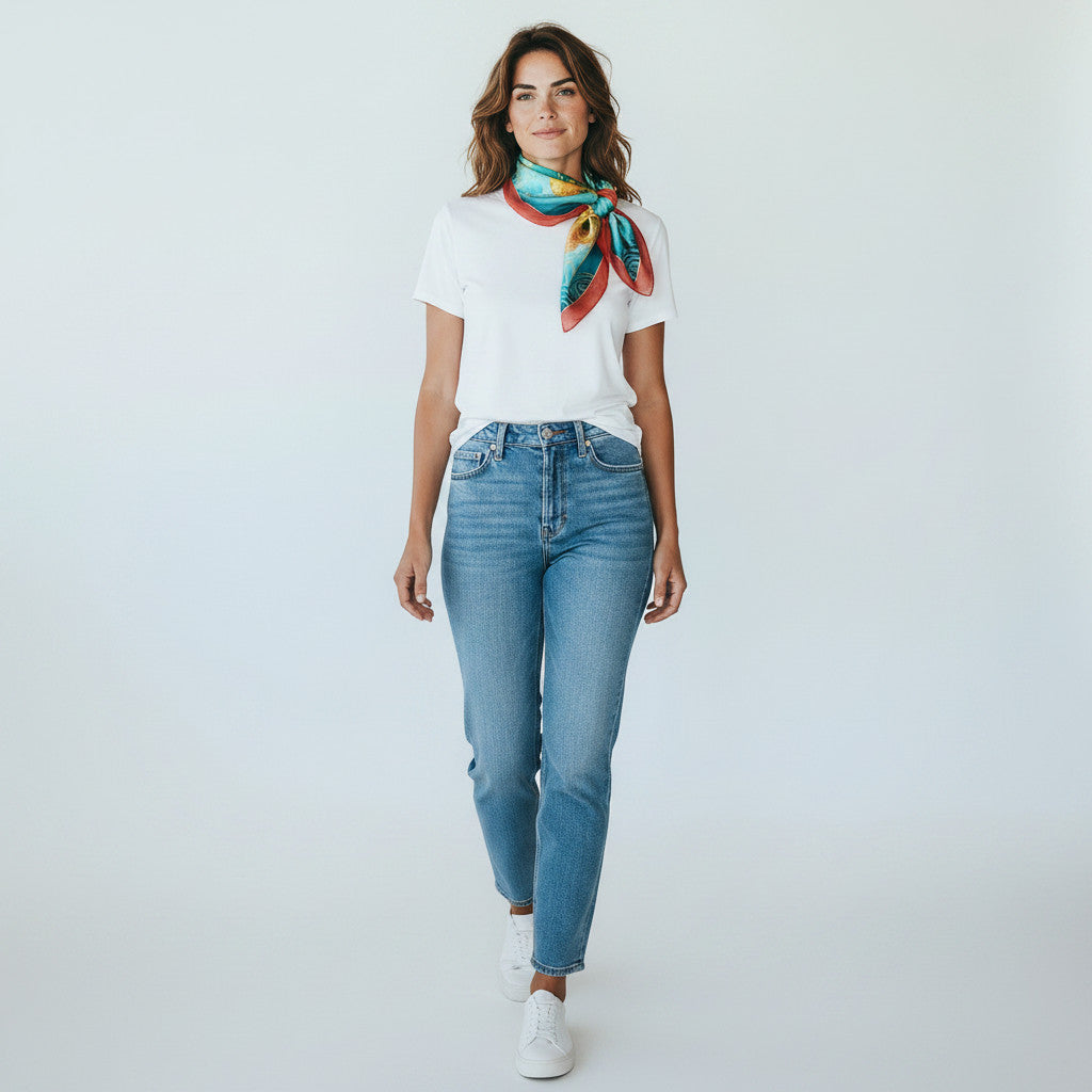 Magis Art Shop hand-painted silk scarf with vibrant abstract patterns worn by a woman in a white t-shirt and jeans.