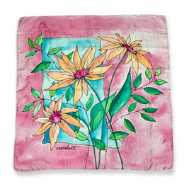 Magis Art Shop hand-painted silk scarf featuring yellow flowers on a pink and blue background