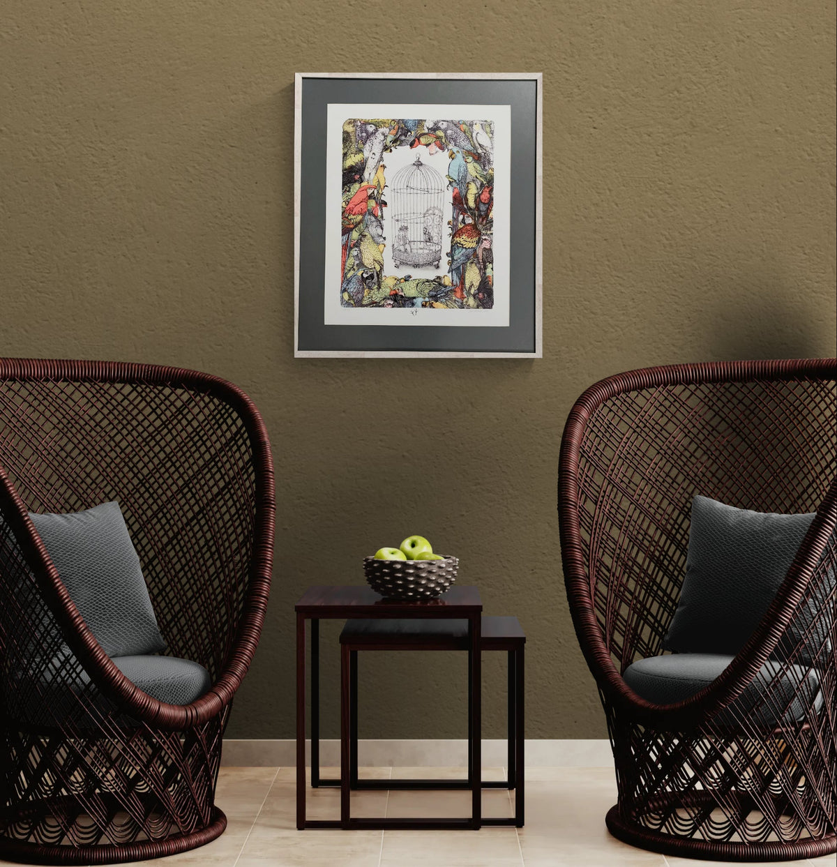 Magis Art Shop framed lithograph by Ivan Kováčik featuring colorful parrots around a birdcage in a modern interior.