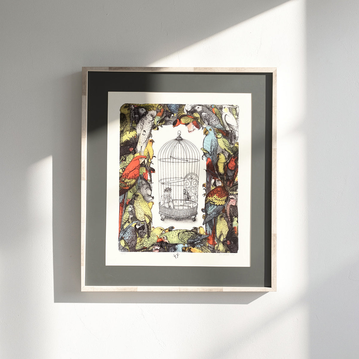 Magis Art Shop framed lithograph by Ivan Kováčik featuring a central birdcage surrounded by colorful exotic parrots.