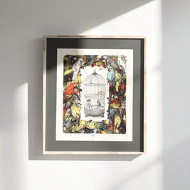 Magis Art Shop framed lithograph by Ivan Kováčik featuring a central birdcage surrounded by colorful exotic parrots.