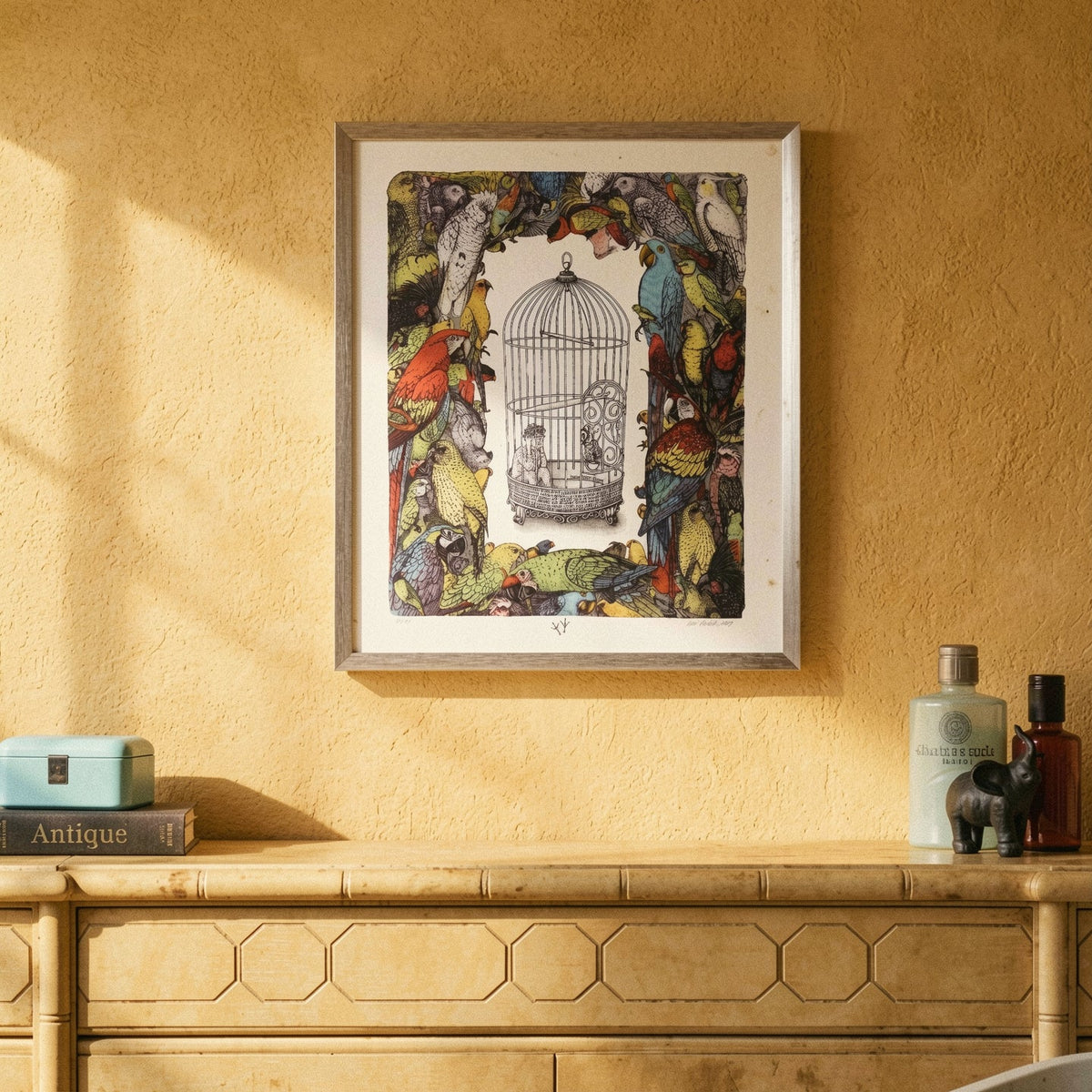 Magis Art Shop framed lithograph by Ivan Kováčik featuring a central birdcage surrounded by colorful exotic parrots.