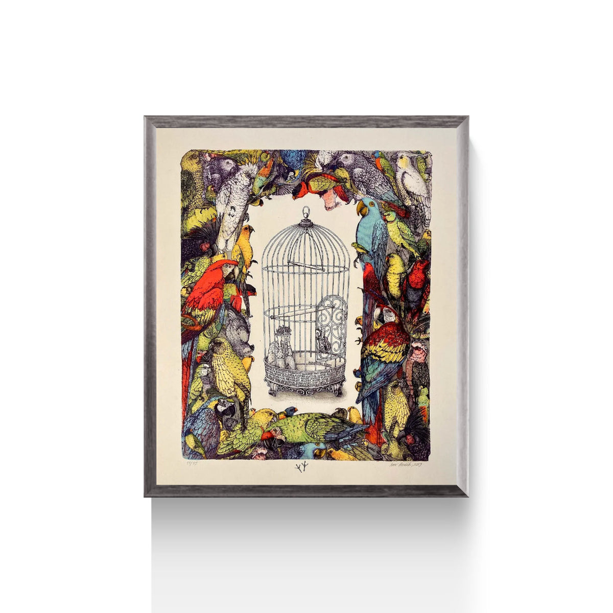 Magis Art Shop Ivan Kováčik colorful lithograph print featuring exotic parrots surrounding a central birdcage.