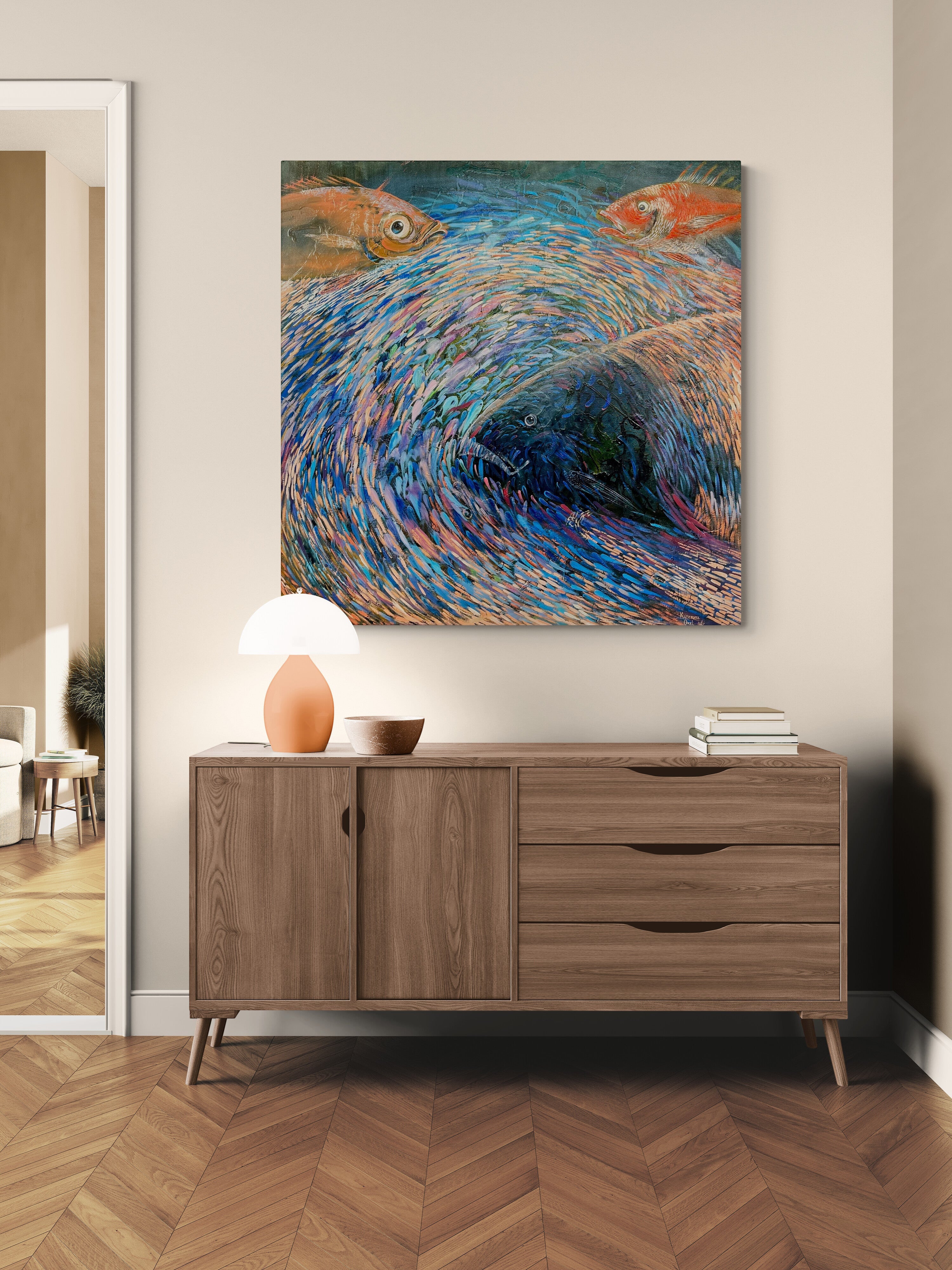 Magis Art Shop Kateryna Orel Ryby expressive oil painting on canvas featuring blue water tones and fish motifs.