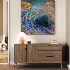 Magis Art Shop Kateryna Orel Ryby expressive oil painting on canvas featuring blue water tones and fish motifs.