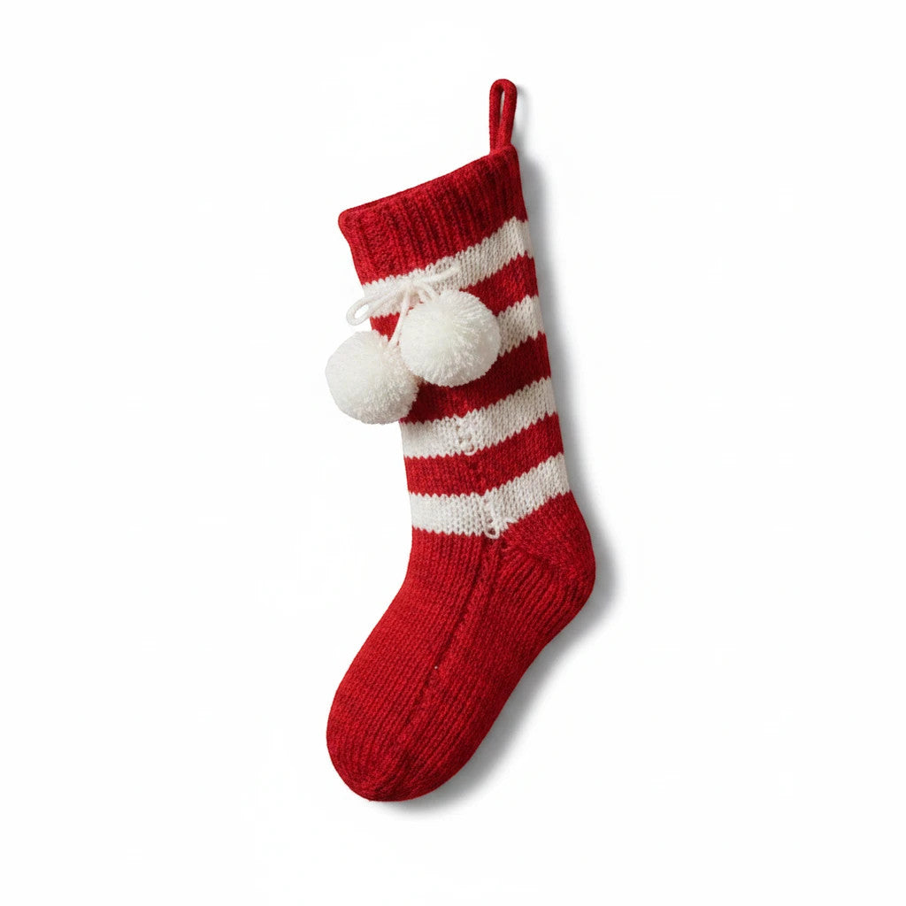 Magis Art Shop hand-knitted red and white striped Christmas stocking with decorative white pom-poms