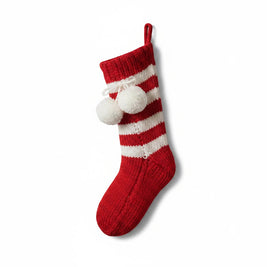 Magis Art Shop hand-knitted red and white striped Christmas stocking with decorative white pom-poms