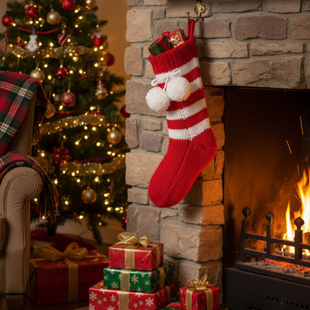 Magis Art Shop hand-knitted red and white striped Christmas stocking with pom-poms hanging by a fireplace.