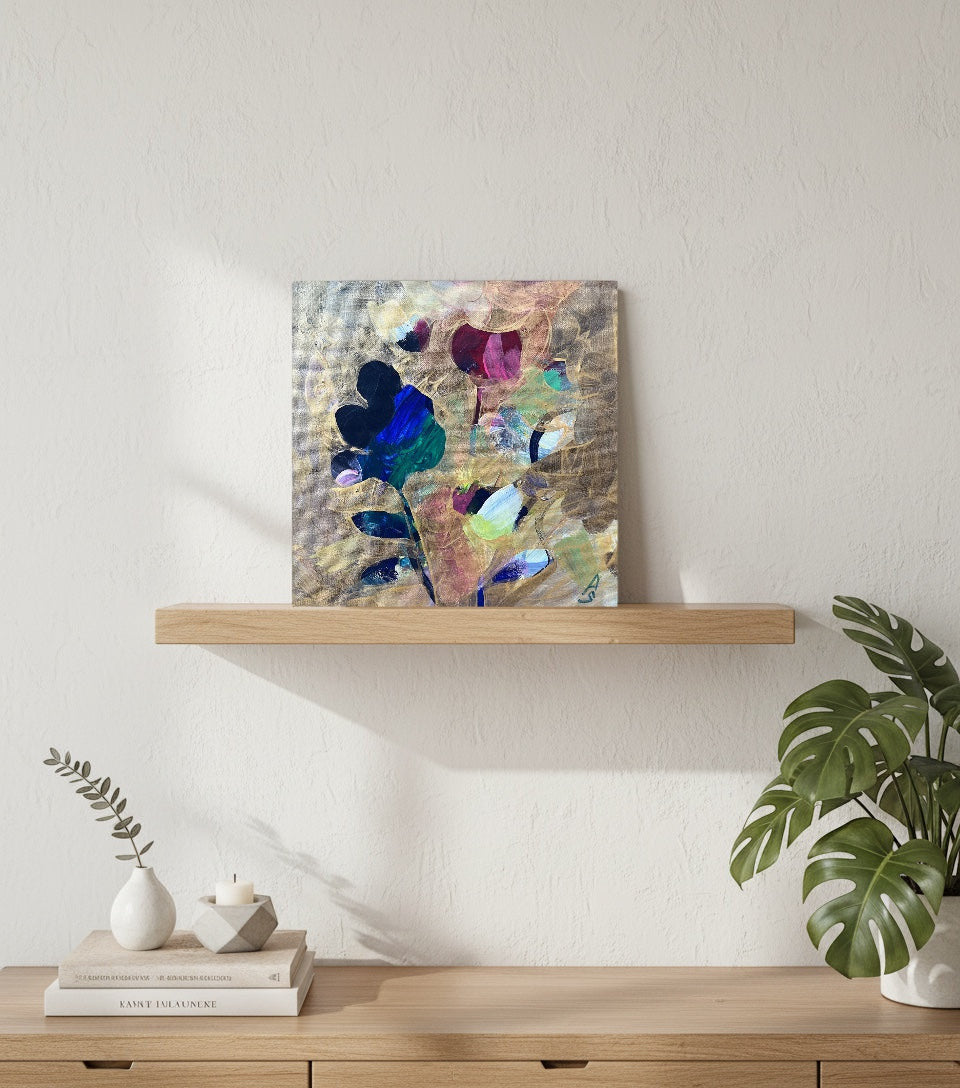 Magis Art Shop Kvety abstract floral painting with layered colorful petals and gold leaf finish on a wooden shelf.