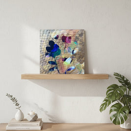 Magis Art Shop Kvety abstract floral painting with layered colorful petals and gold leaf finish on a wooden shelf.