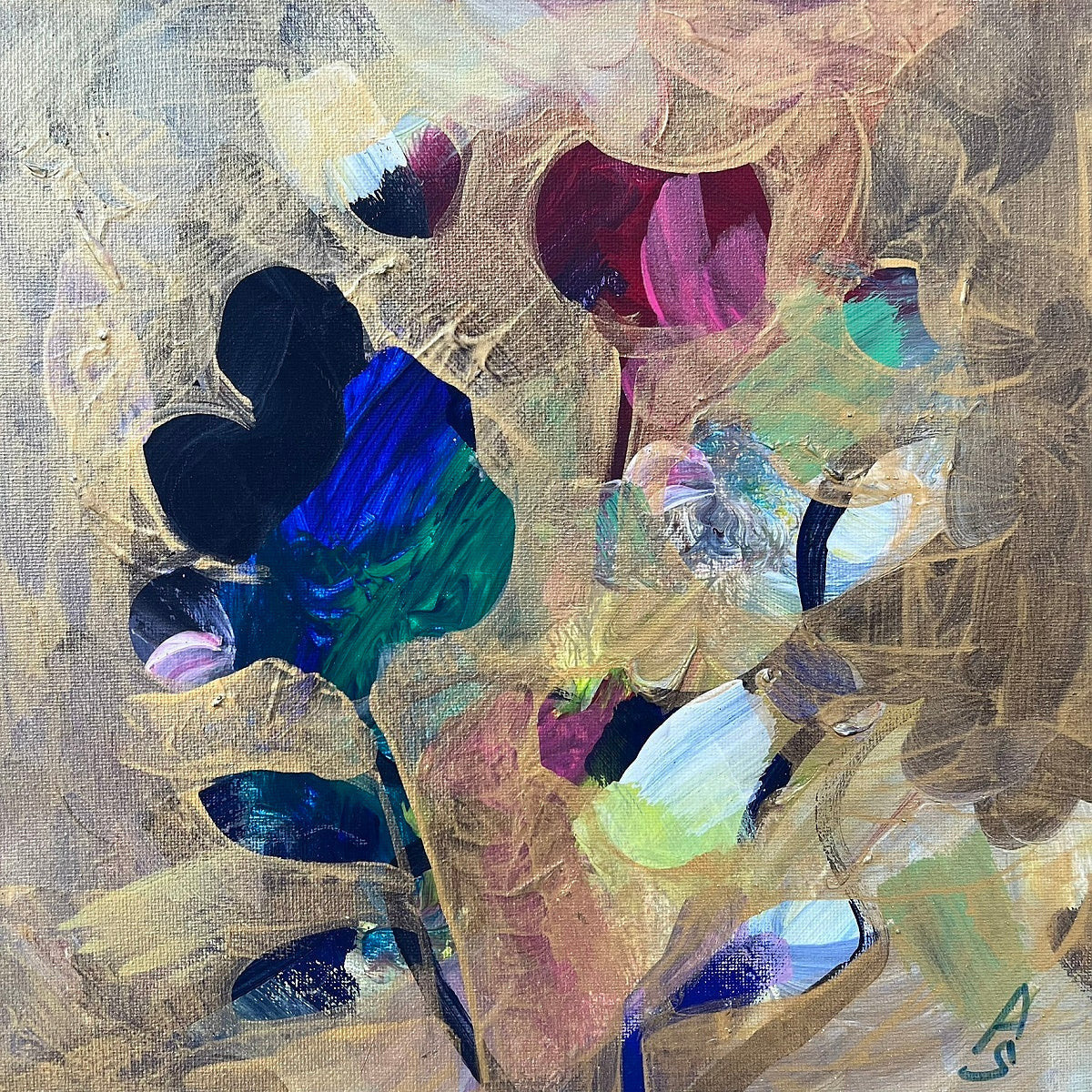 Magis Art Shop Kvety abstract painting by Sona Adalian featuring layered colorful flowers with a gold finish.
