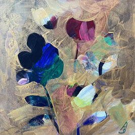Magis Art Shop Kvety abstract painting by Sona Adalian featuring layered colorful flowers with a gold finish.