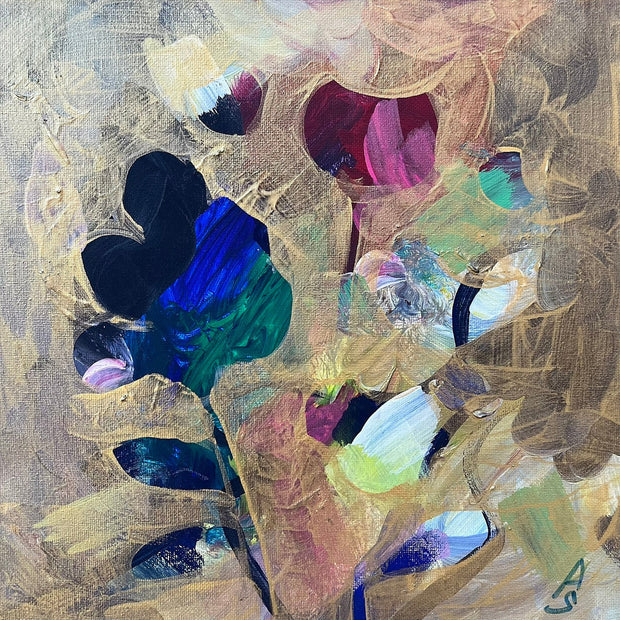 Magis Art Shop Kvety abstract painting by Sona Adalian featuring layered colorful flowers with a gold finish.