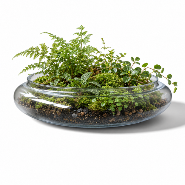Magis Art Shop large round glass bowl filled with a lush green terrarium garden on a white background