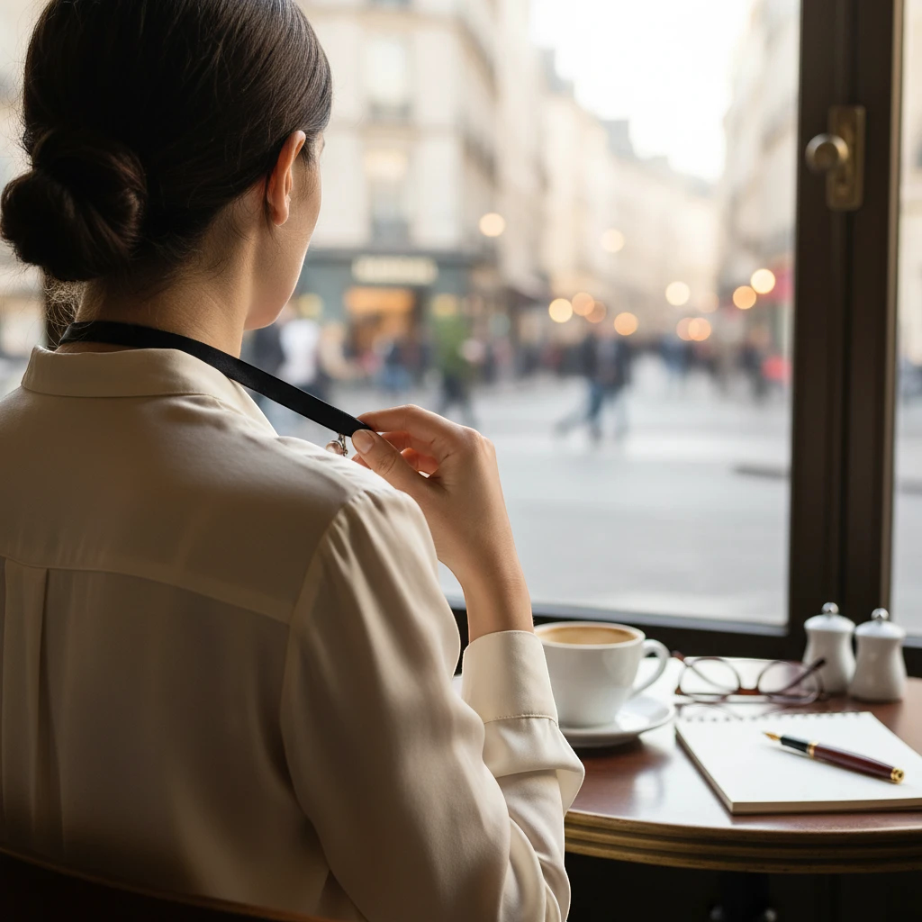 Magis Art Shop leather necklace with a leaf pendant worn by a woman sitting at a cafe table by a window.