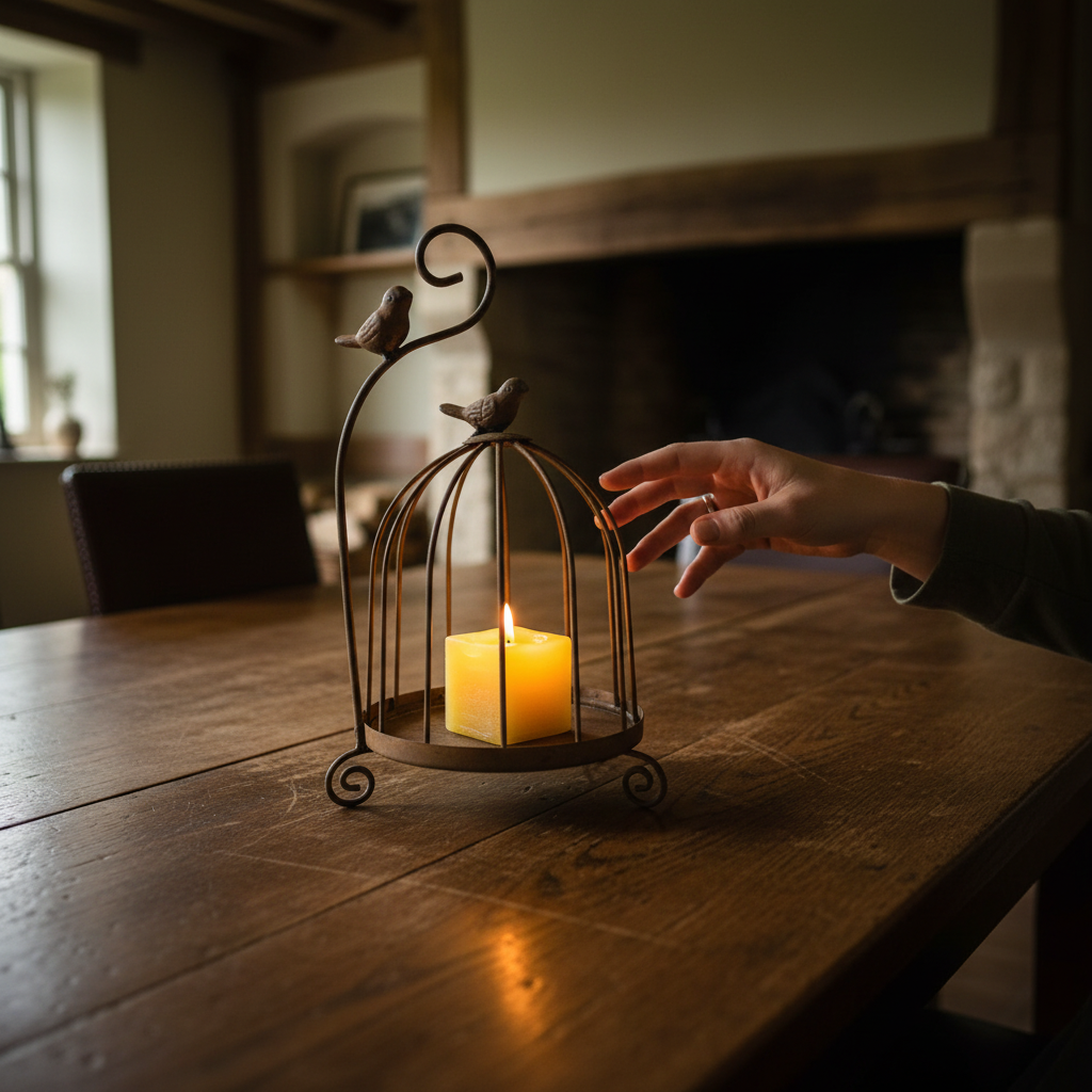 Magis Art Shop metal birdcage candle holder with a lit yellow candle on a wooden table
