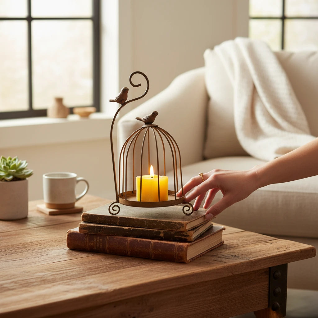 Magis Art Shop metal birdcage candle holder with a lit yellow candle, sitting on vintage books on a wooden table.