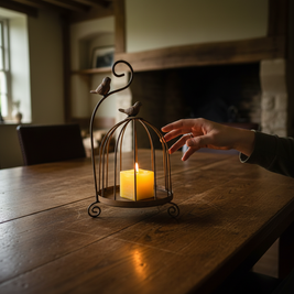 Magis Art Shop metal birdcage candle holder with a lit yellow candle on a wooden table