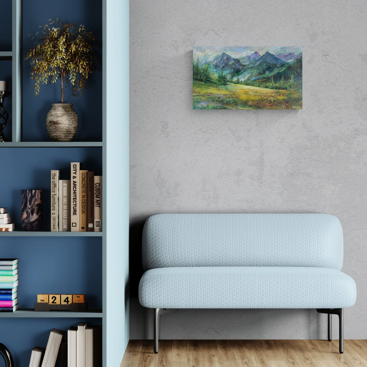 Magis Art Shop original acrylic painting Ranný svit by Miloš Púček featuring a mountain sunrise landscape on canvas.