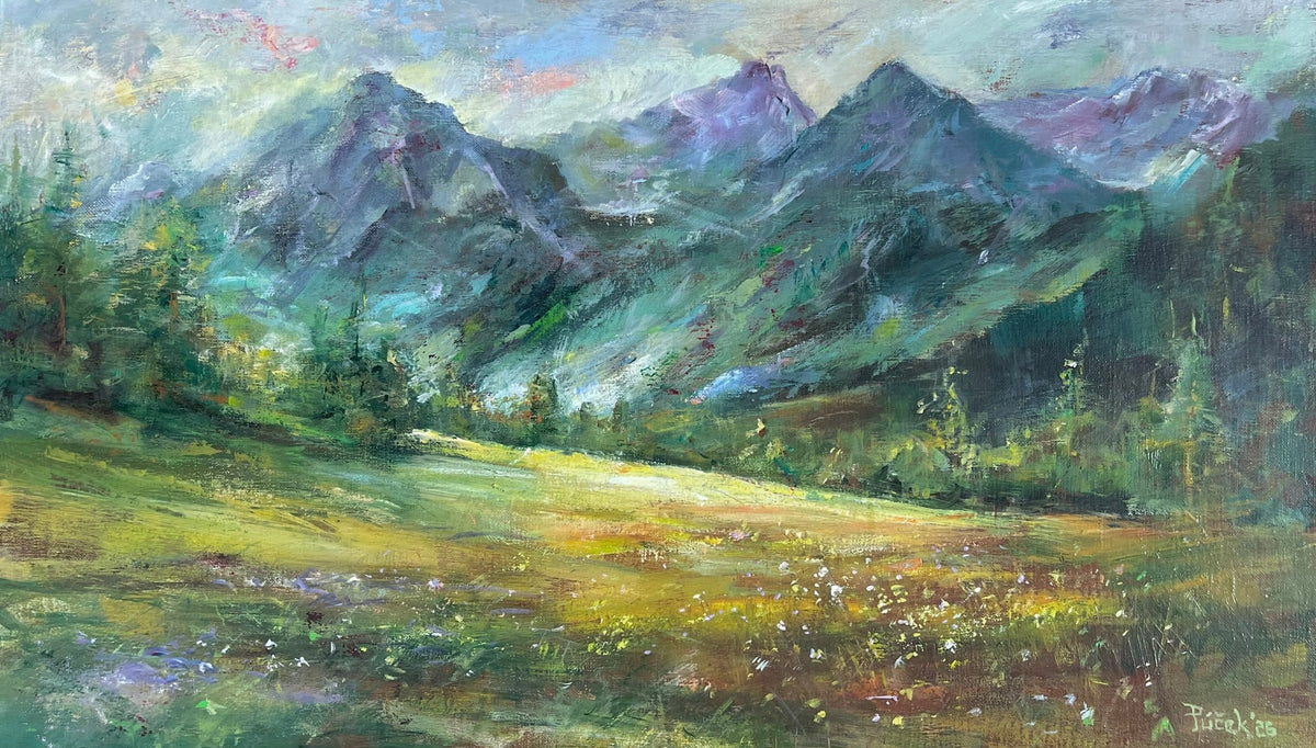Magis Art Shop original acrylic painting on linen canvas titled Ranný svit by Miloš Púček depicting mountain dawn.