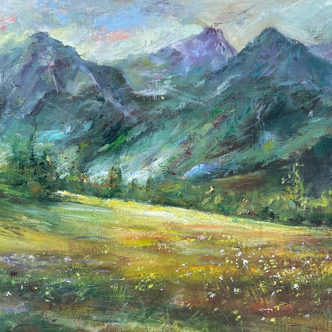 Magis Art Shop original acrylic painting on linen canvas titled Ranný svit by Miloš Púček depicting mountain dawn.