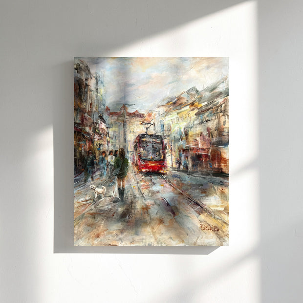 Magis Art Shop obraz Nostalgia z Obchodnej s červenou električkou v mestskej ulici s expresívnou textúrou na plátne