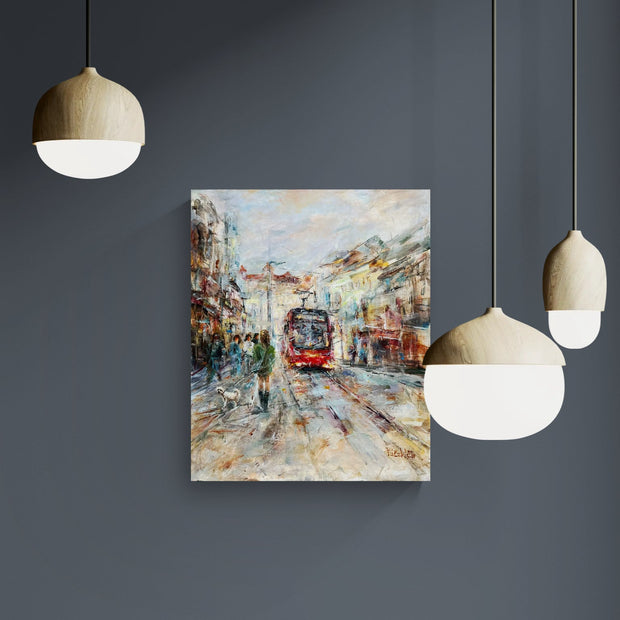 Magis Art Shop obraz Nostalgia z Obchodnej s červenou električkou v mestskej ulici na plátne v modernom interiéri