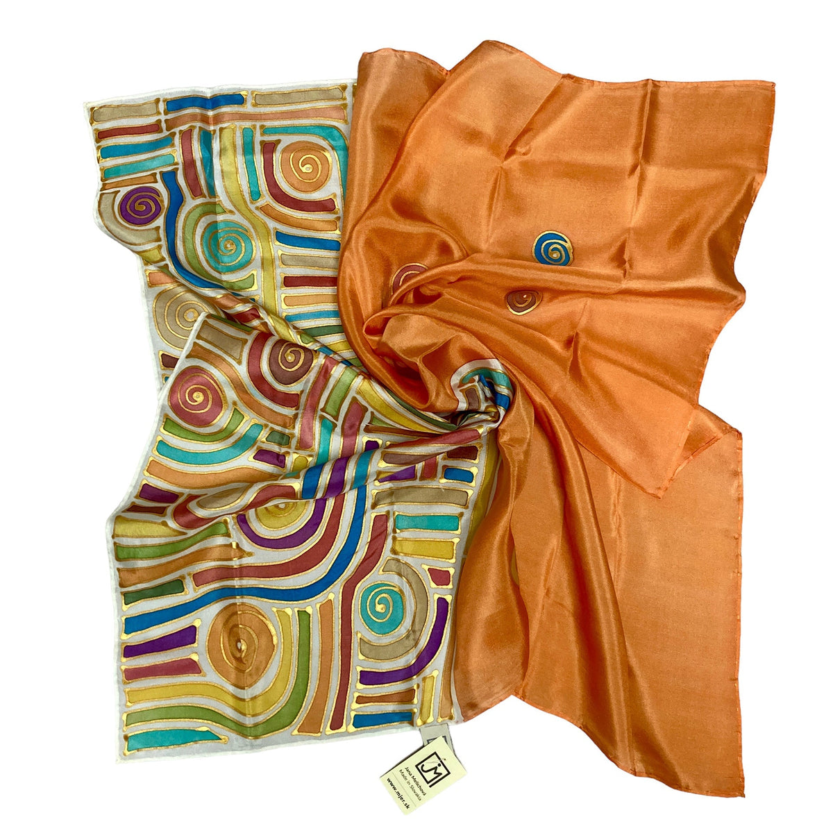 Magis Art Shop hand-painted orange silk scarf by Jana Melichová featuring colorful geometric spiral patterns