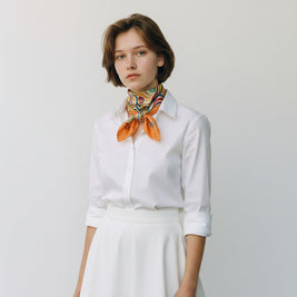 Magis Art Shop hand-painted orange silk scarf with geometric patterns worn by a woman in a white shirt