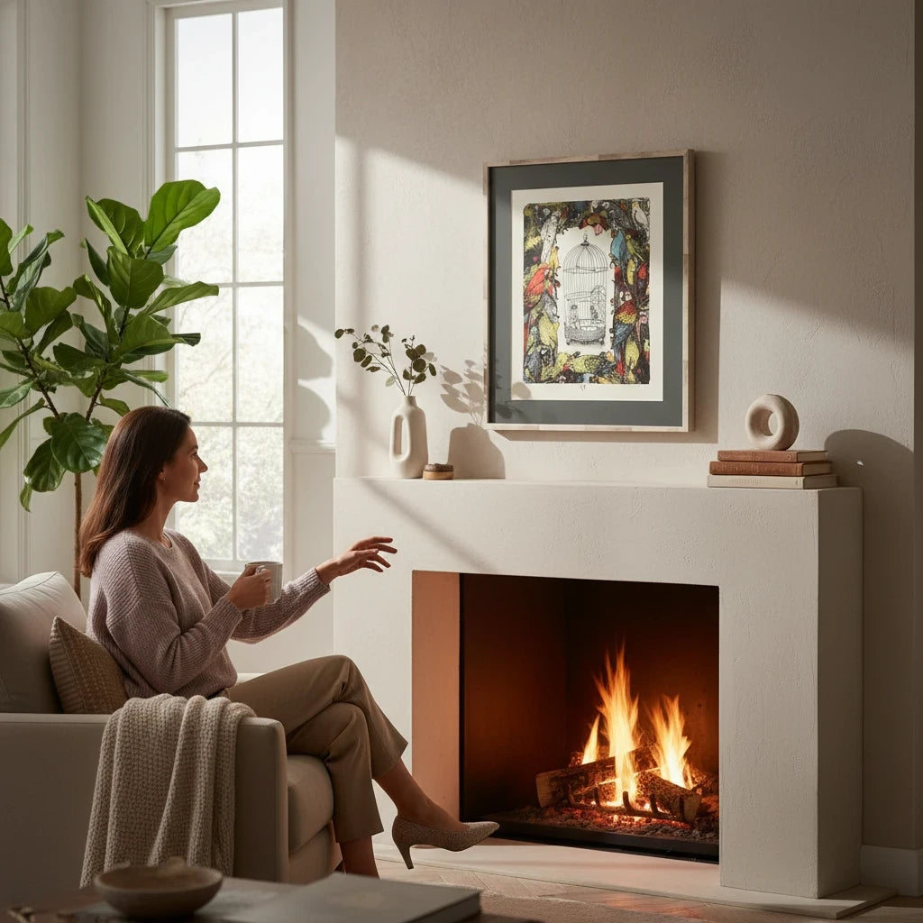 Magis Art Shop framed lithograph of colorful parrots and a birdcage hanging above a fireplace in a cozy living room.