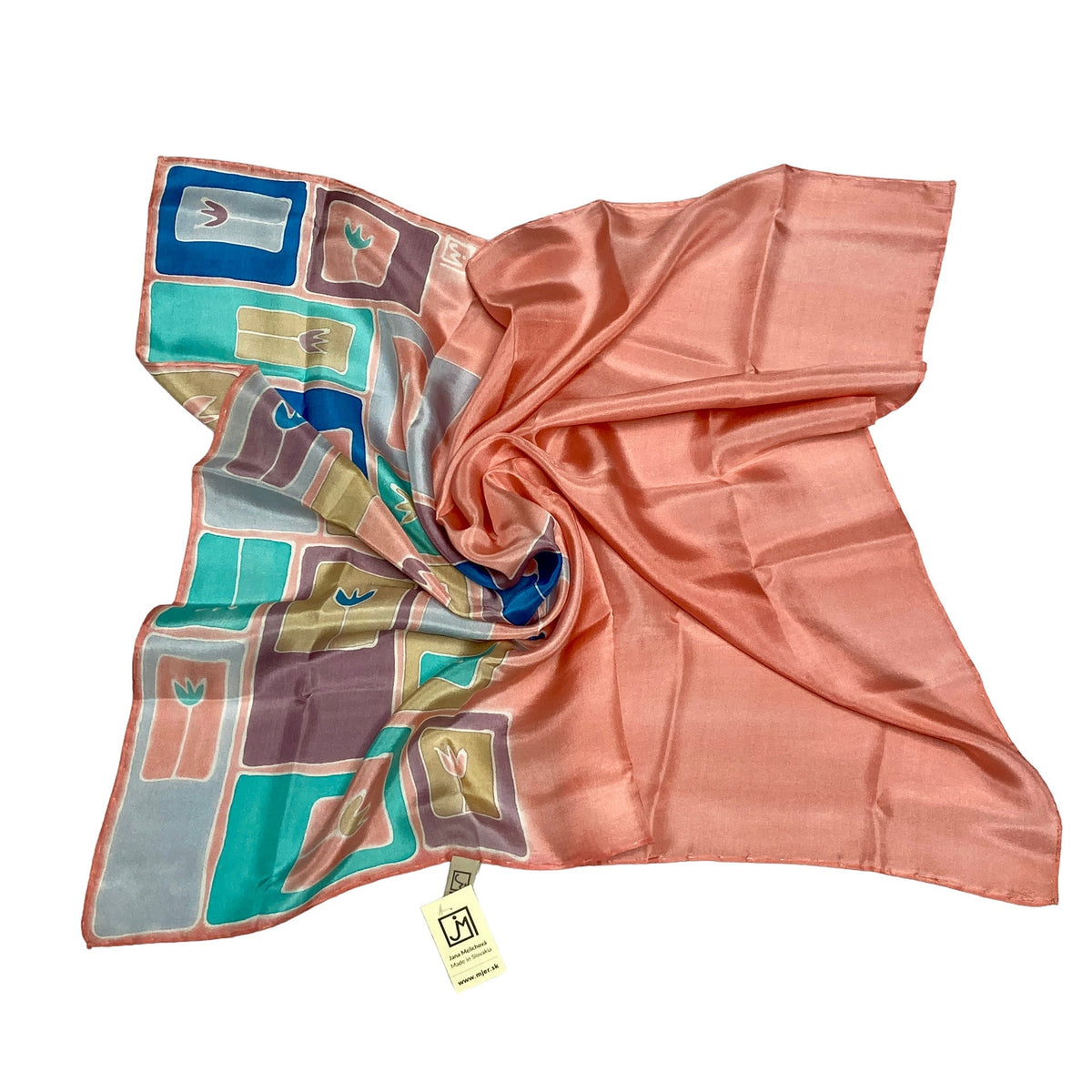 Magis Art Shop hand-painted pink silk scarf with geometric patterns and floral motifs, 65x65 cm square design.
