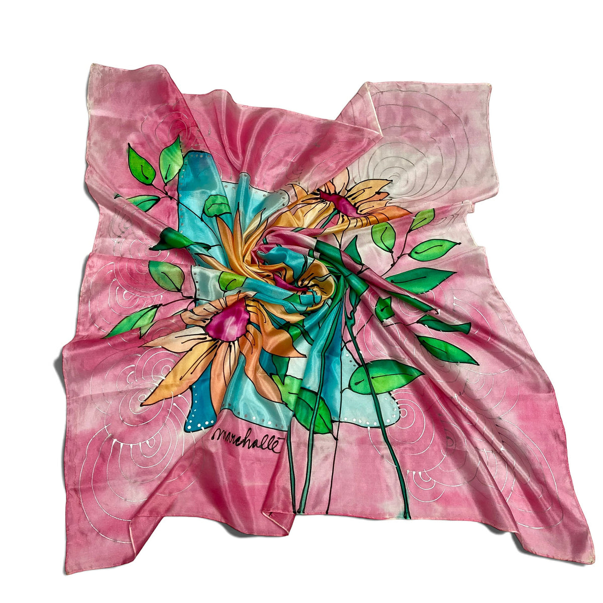 Magis Art Shop hand-painted pink silk scarf with floral pattern and abstract swirls, 90x90 cm square design.