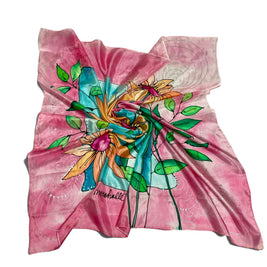 Magis Art Shop hand-painted pink silk scarf with floral pattern and abstract swirls, 90x90 cm square design.