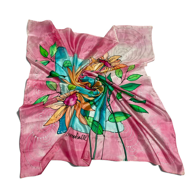 Magis Art Shop hand-painted pink silk scarf with floral pattern and abstract swirls, 90x90 cm square design.