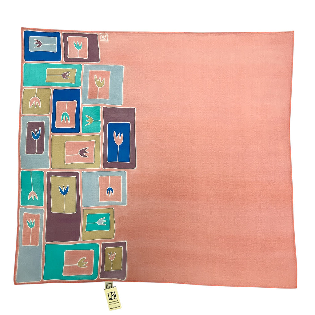 Magis Art Shop hand-painted pink silk scarf with geometric tulip patterns and a solid pink side, 65x65 cm square.