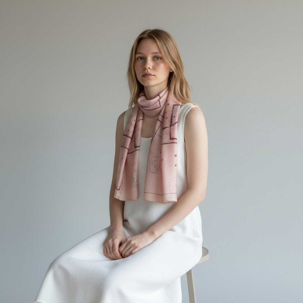 Magis Art Shop hand-painted pink silk scarf with brown geometric details worn by a woman in a white dress