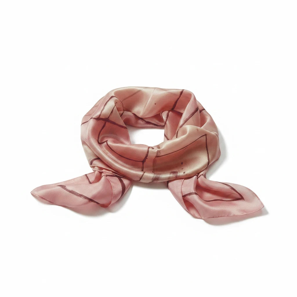 Magis Art Shop hand-painted pink silk scarf with brown geometric details and a soft, lustrous finish.
