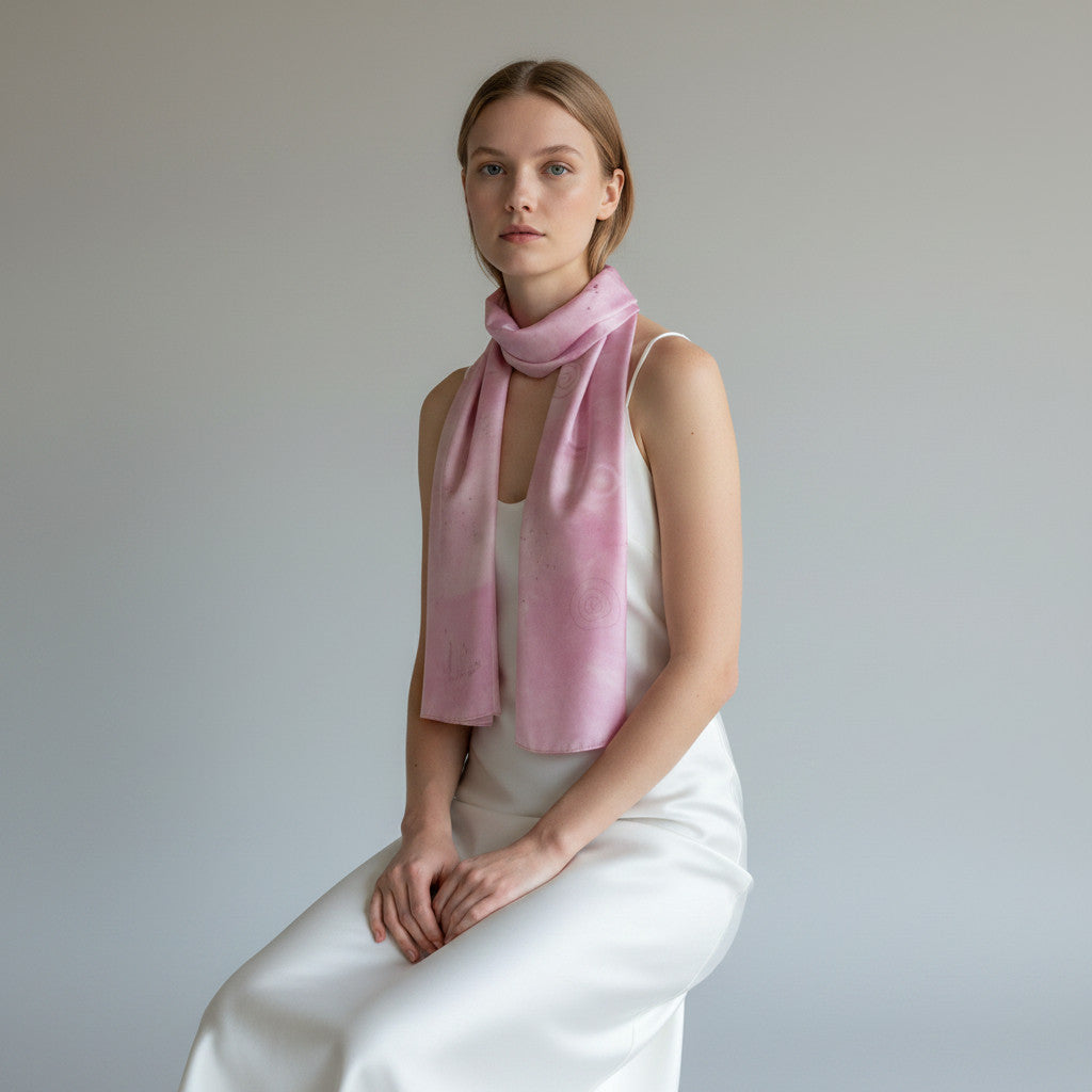 Magis Art Shop hand-painted pink silk scarf worn by a woman in a white dress