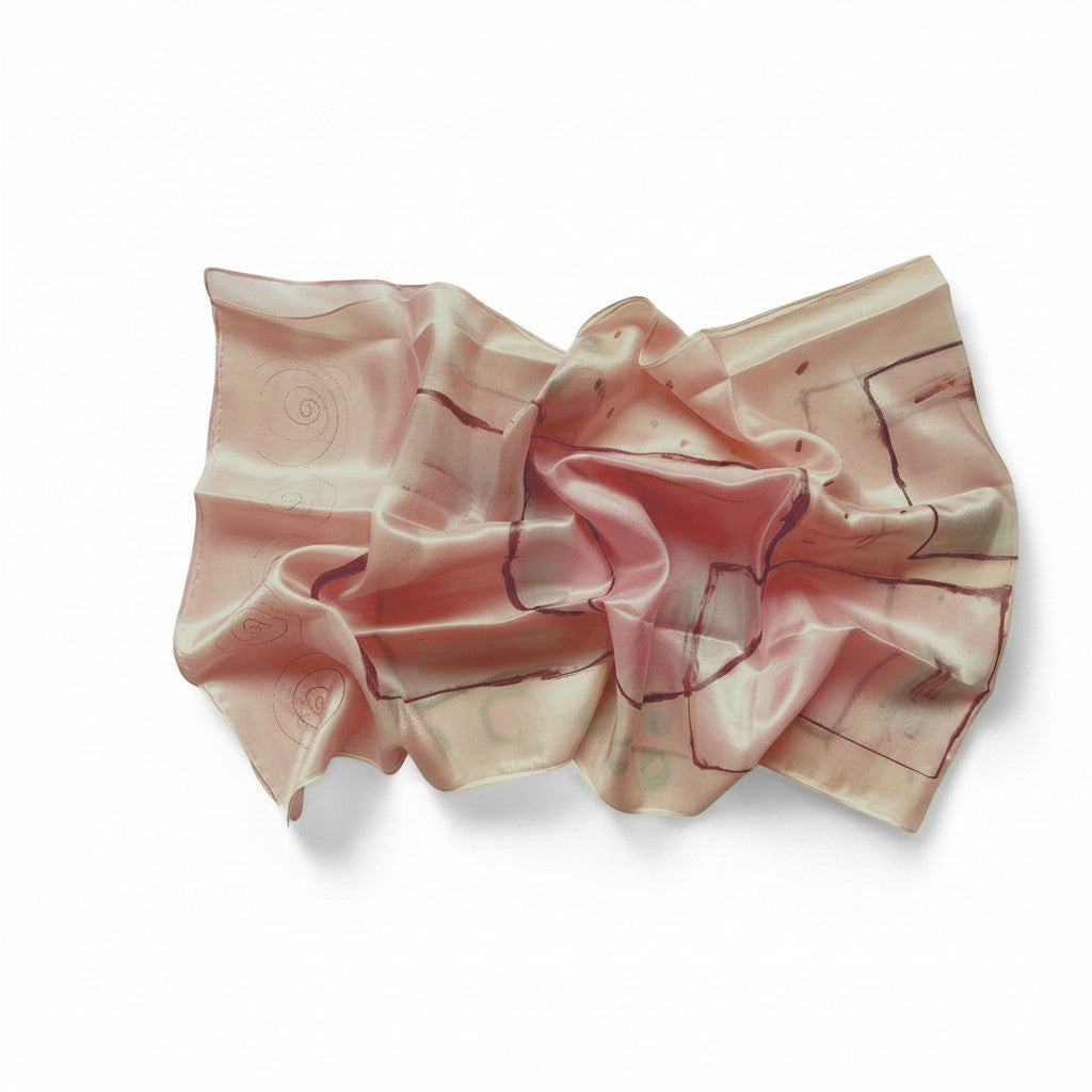 Magis Art Shop hand-painted pink silk scarf by Ria Berec featuring abstract brown geometric and swirl details