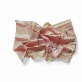 Magis Art Shop hand-painted pink silk scarf by Ria Berec featuring abstract brown geometric and swirl details