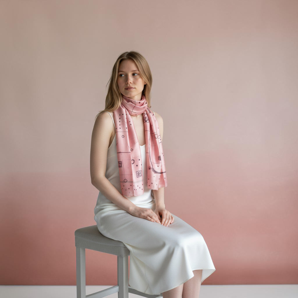 Magis Art Shop Ria Berec pink silk scarf with polka dot pattern worn by a woman in a white dress