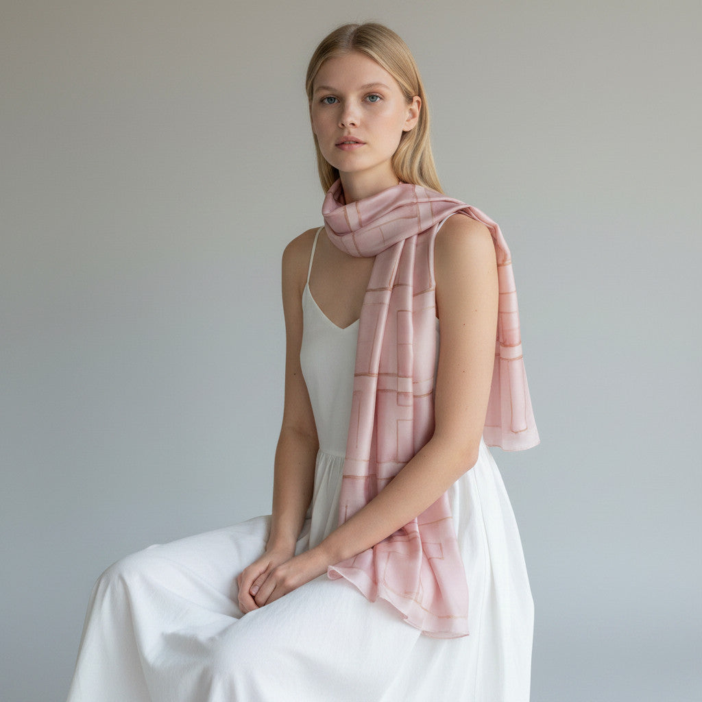 Model wearing a hand-painted light pink silk scarf by Magis Art Shop with a subtle geometric pattern.