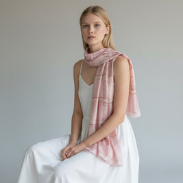 Model wearing a hand-painted light pink silk scarf by Magis Art Shop with a subtle geometric pattern.