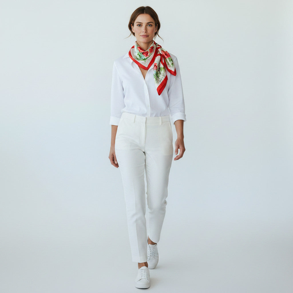 Magis Art Shop silk scarf featuring a red poppy floral print worn by a woman in a white shirt and trousers